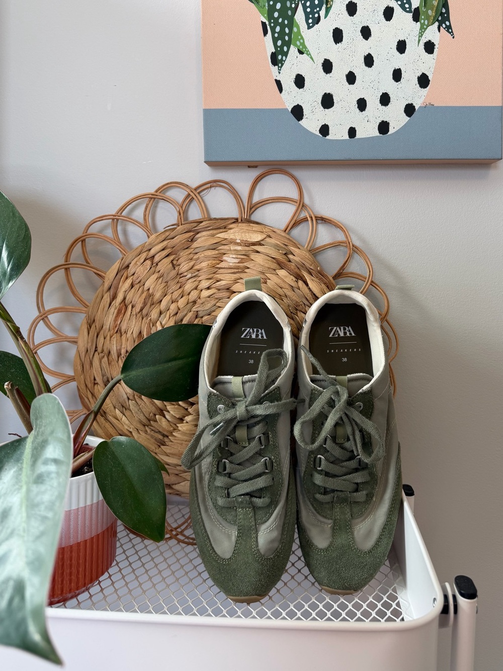 Zara Olive Green Suede & Textile Lace-Up Sneakers